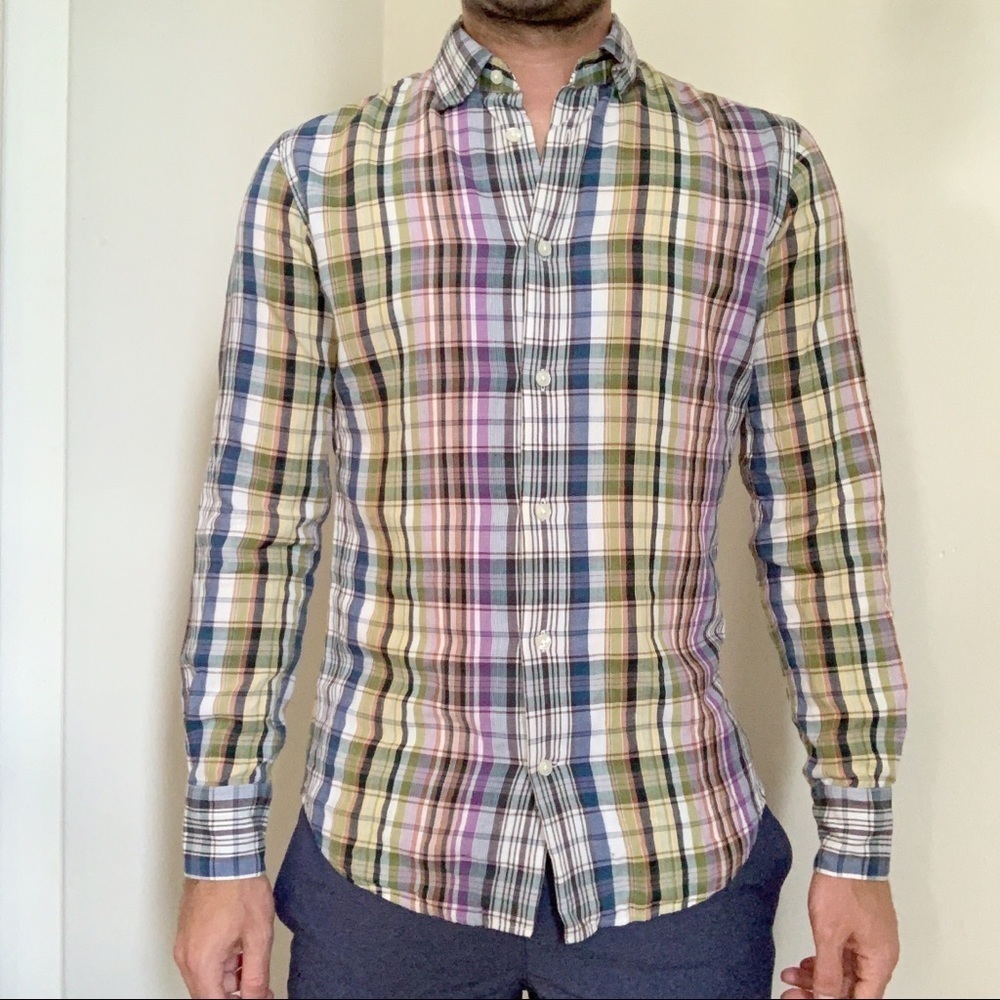 Vince Slim Lightweight Plaid Print Button Shirt Medium Slim Fit Multicolor